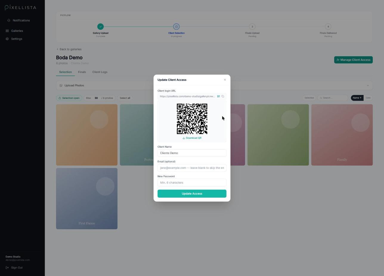 Manage Client Access modal with QR code